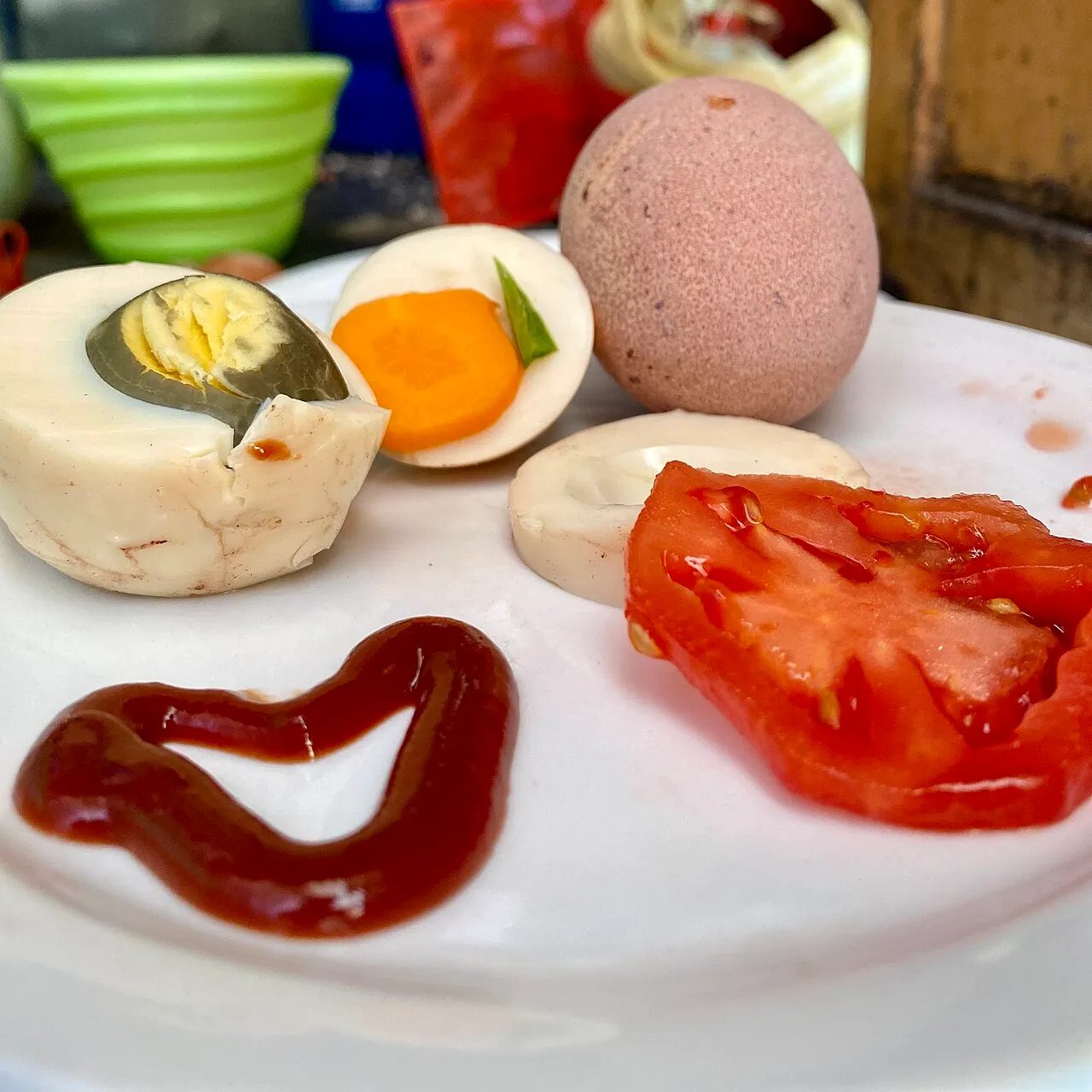 Huevo cocido partido con rodajas de verdura servido en un plato blanco